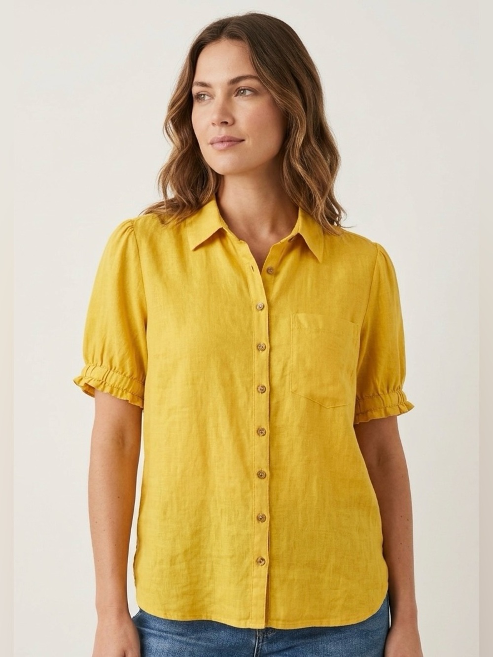 Anthropologie Pilcro Yellow 100% Linen Puff Short Sleeve Button Down Blouse